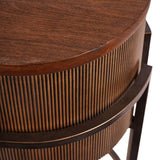 Curved brown wood console with ribbed texture detail