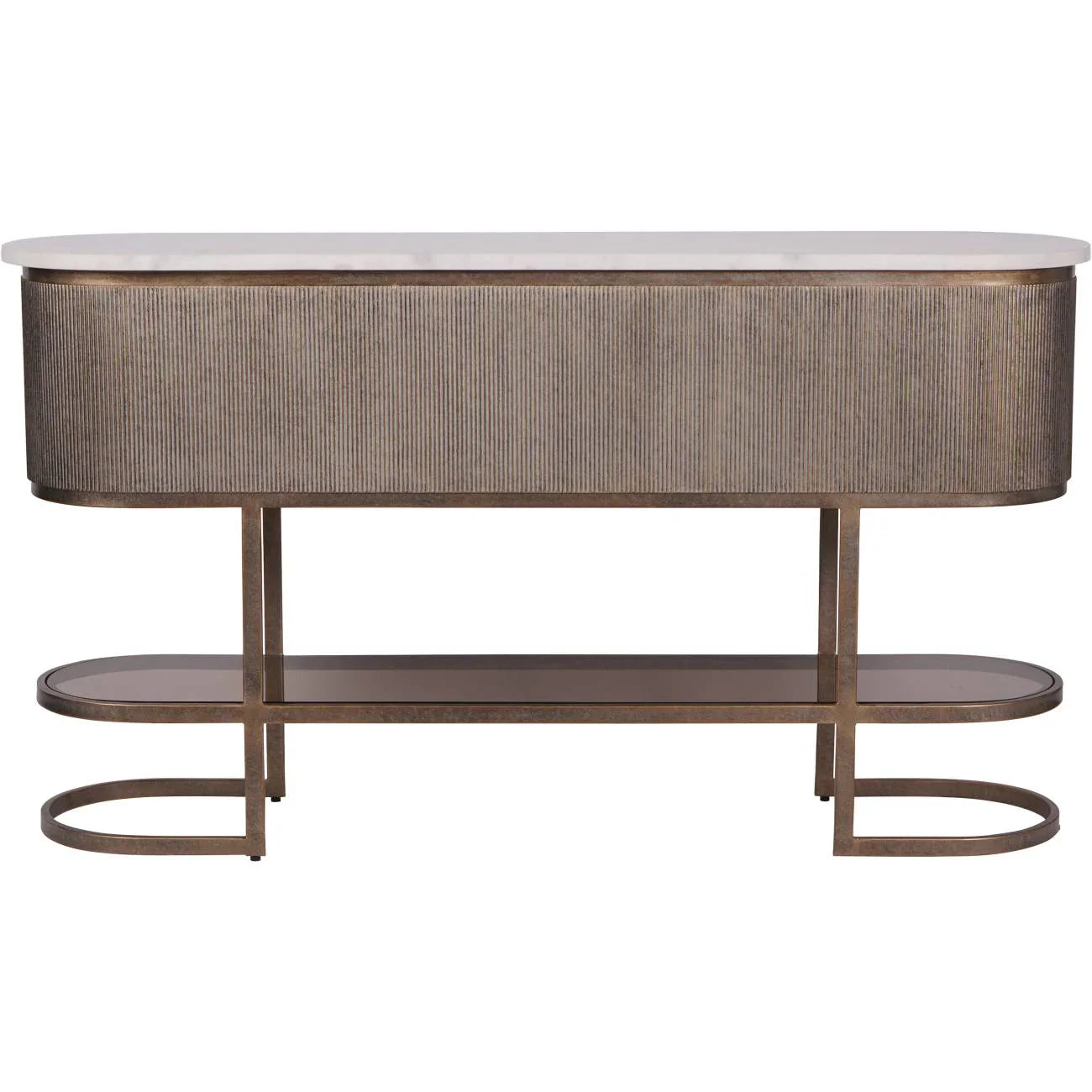 Aged gold console with ribbed texture and lower glass shelf.