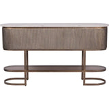 Aged gold console with ribbed texture and lower glass shelf.