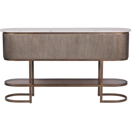 Aged gold console with ribbed texture and lower glass shelf.