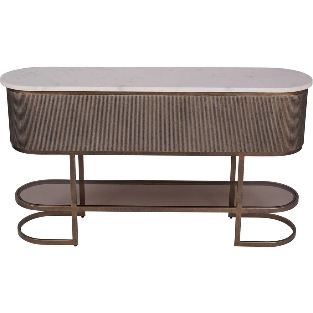 Aged gold console table with ribbed texture and lower glass shelf.