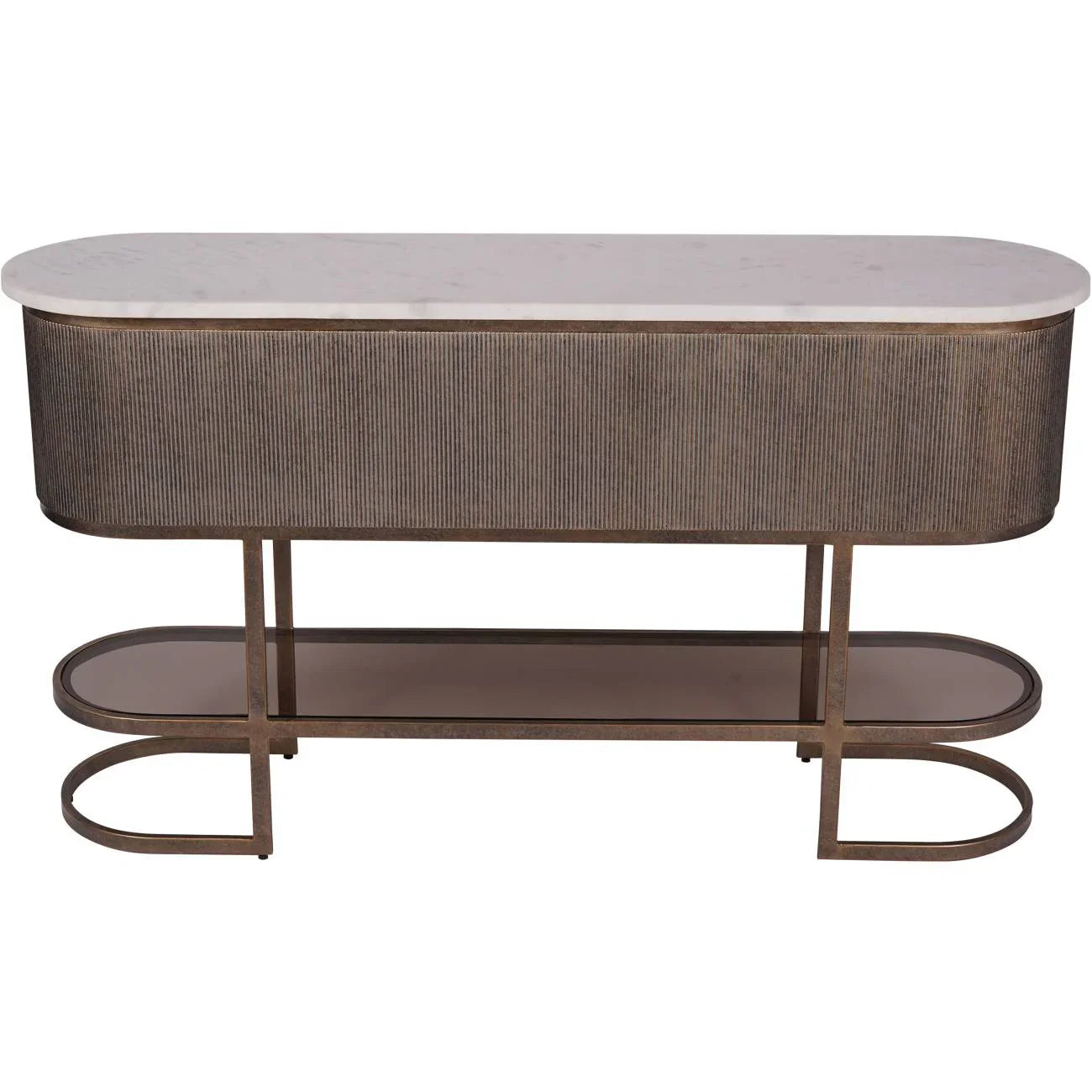 Aged gold console table with ribbed texture and lower glass shelf.
