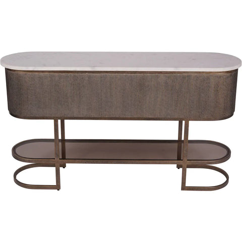 Aged gold console table with ribbed texture and lower glass shelf.