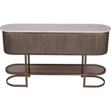 Aged gold console table with ribbed texture and lower glass shelf.