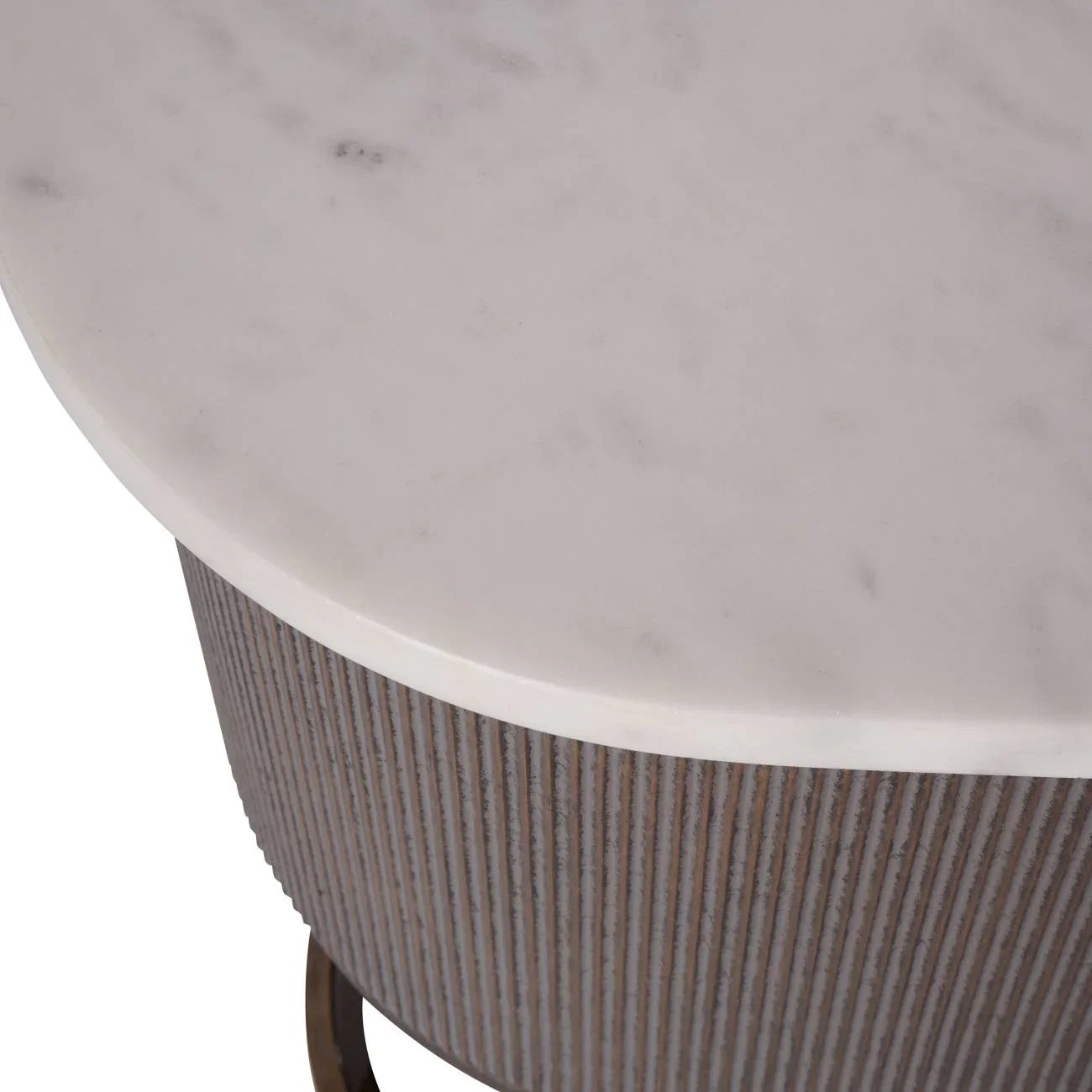 White marble console top with ribbed aged gold base detail.