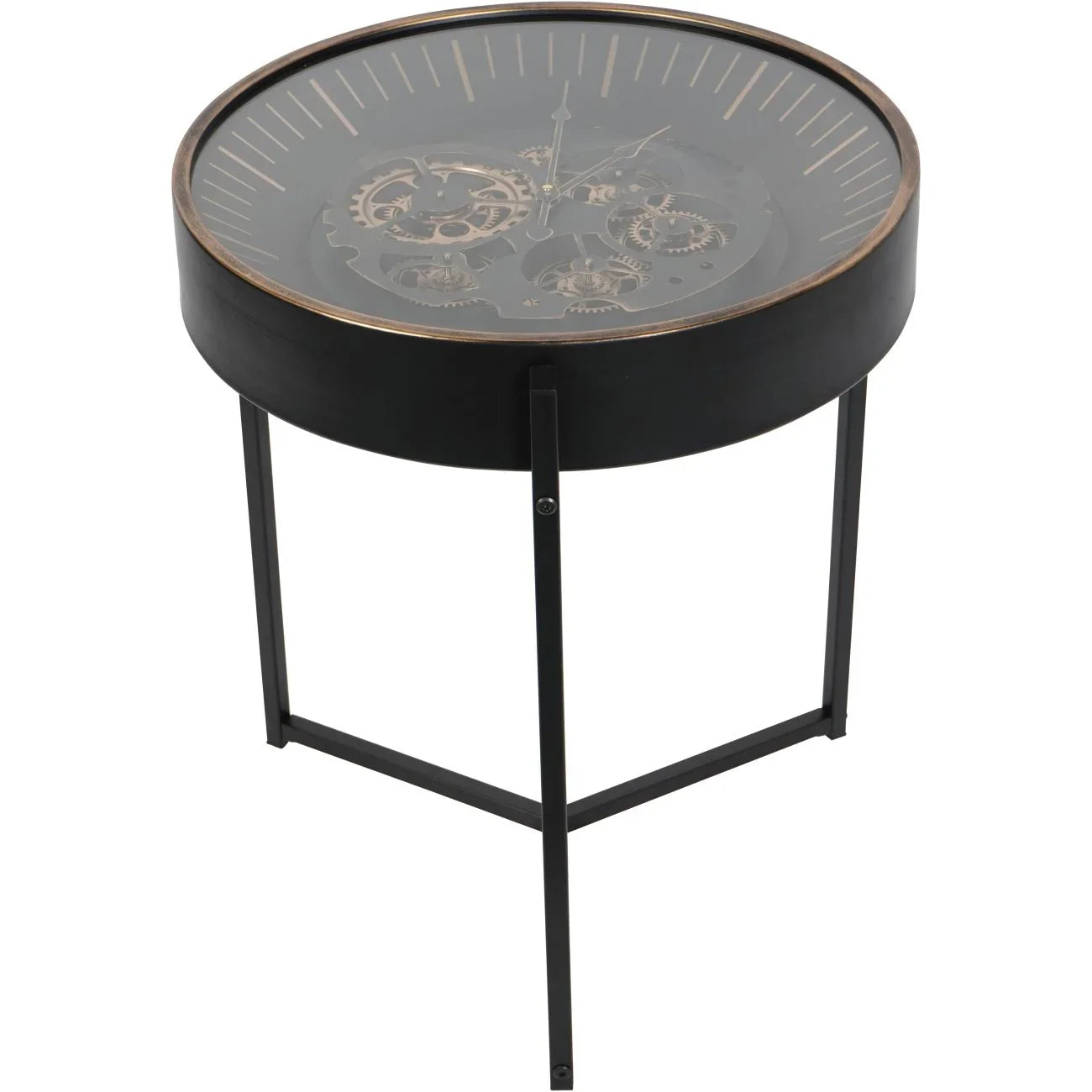 Black and gold side table clock with visible cogs and sleek legs