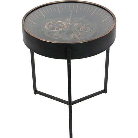Black and gold side table clock with visible cogs and sleek legs