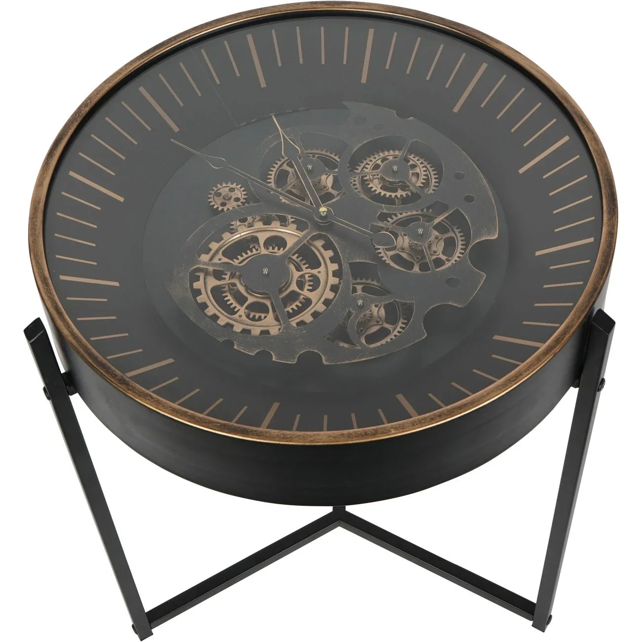 Black and gold table clock with visible moving cogs and minimalist stand.