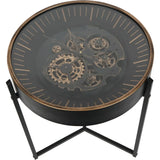 Black and gold table clock with visible moving cogs and minimalist stand.