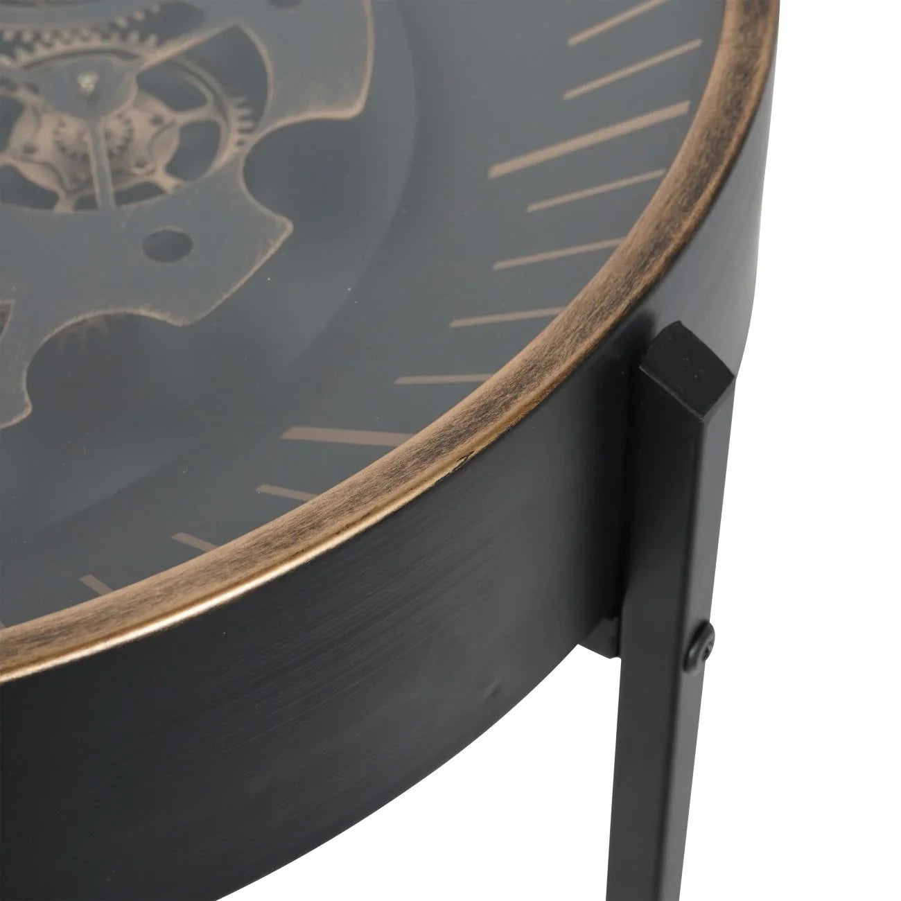 Black and gold side table clock with visible cogs and sleek metal frame.