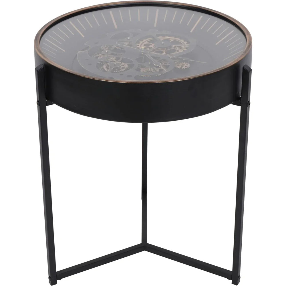 Black and gold side table clock with visible cogs | Home Centre Direct UK