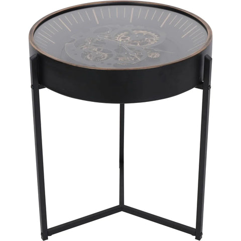 Black and gold side table clock with visible cogs | Home Centre Direct UK