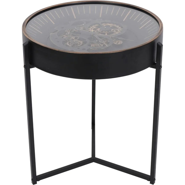 Black and gold side table clock with visible cogs | Home Centre Direct UK