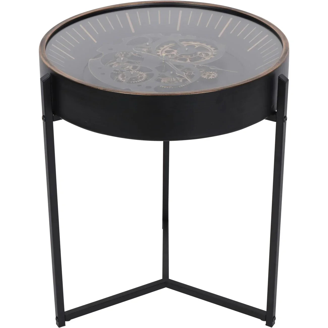 Black and gold side table clock with visible cogs | Home Centre Direct UK
