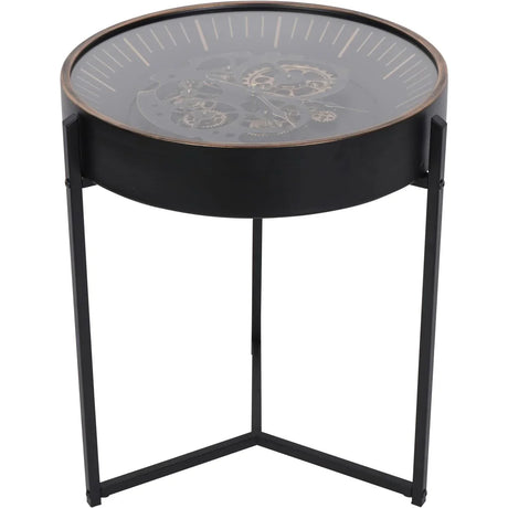 Black and gold side table clock with visible cogs | Home Centre Direct UK