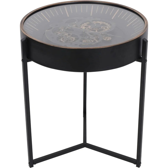 Black and gold side table clock with visible cogs | Home Centre Direct UK