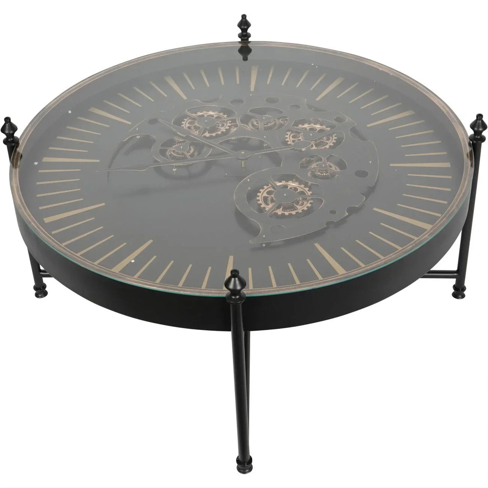 Black and gold round table with visible clock gears under glass top.