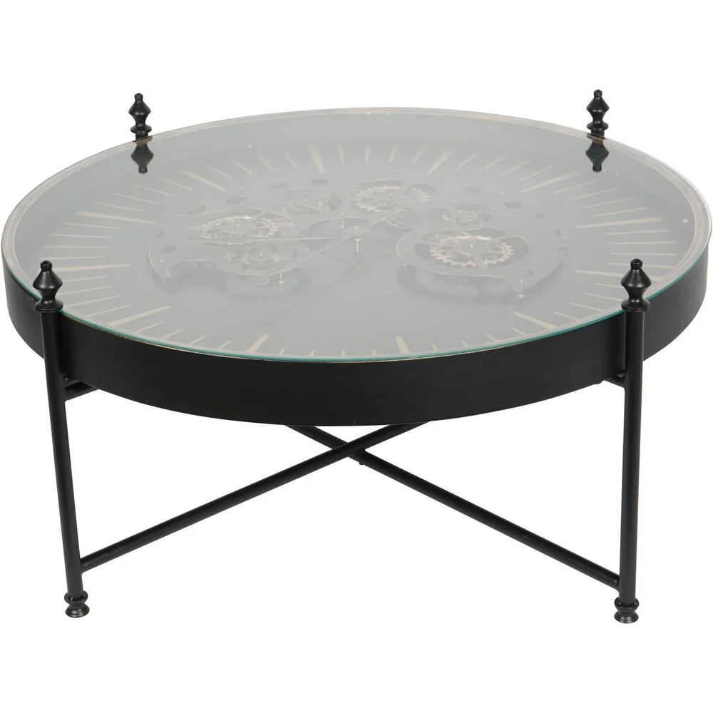 Black and gold coffee table with glass top and visible cogs | Home Centre Direct UK