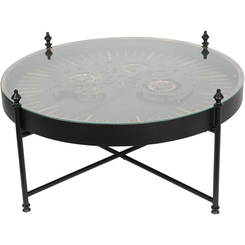 Black and gold coffee table with glass top and visible cogs | Home Centre Direct UK