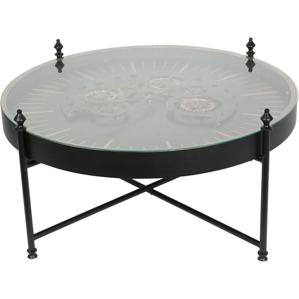Black and gold coffee table with glass top and visible cogs | Home Centre Direct UK