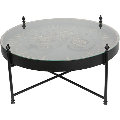 Black and gold coffee table with glass top and visible cogs | Home Centre Direct UK