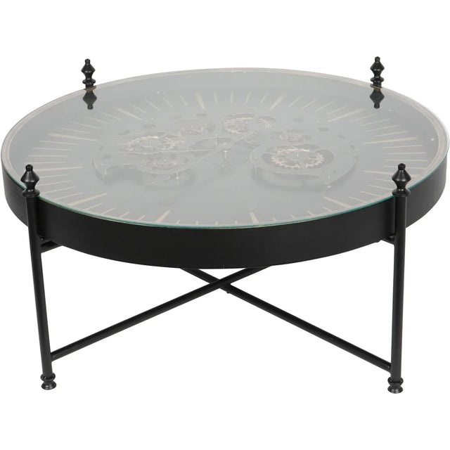 Black and gold coffee table with glass top and visible cogs | Home Centre Direct UK