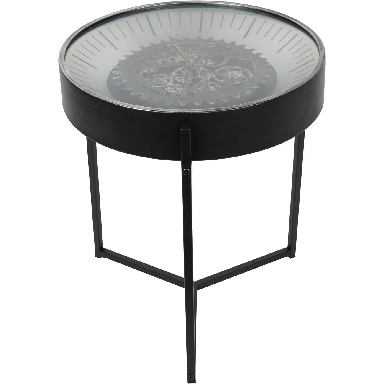 Black nickel side table clock with visible moving cogs and sleek metal legs.