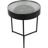 Black nickel side table clock with visible moving cogs and sleek metal legs.