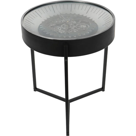Black nickel side table clock with visible moving cogs and sleek metal legs.