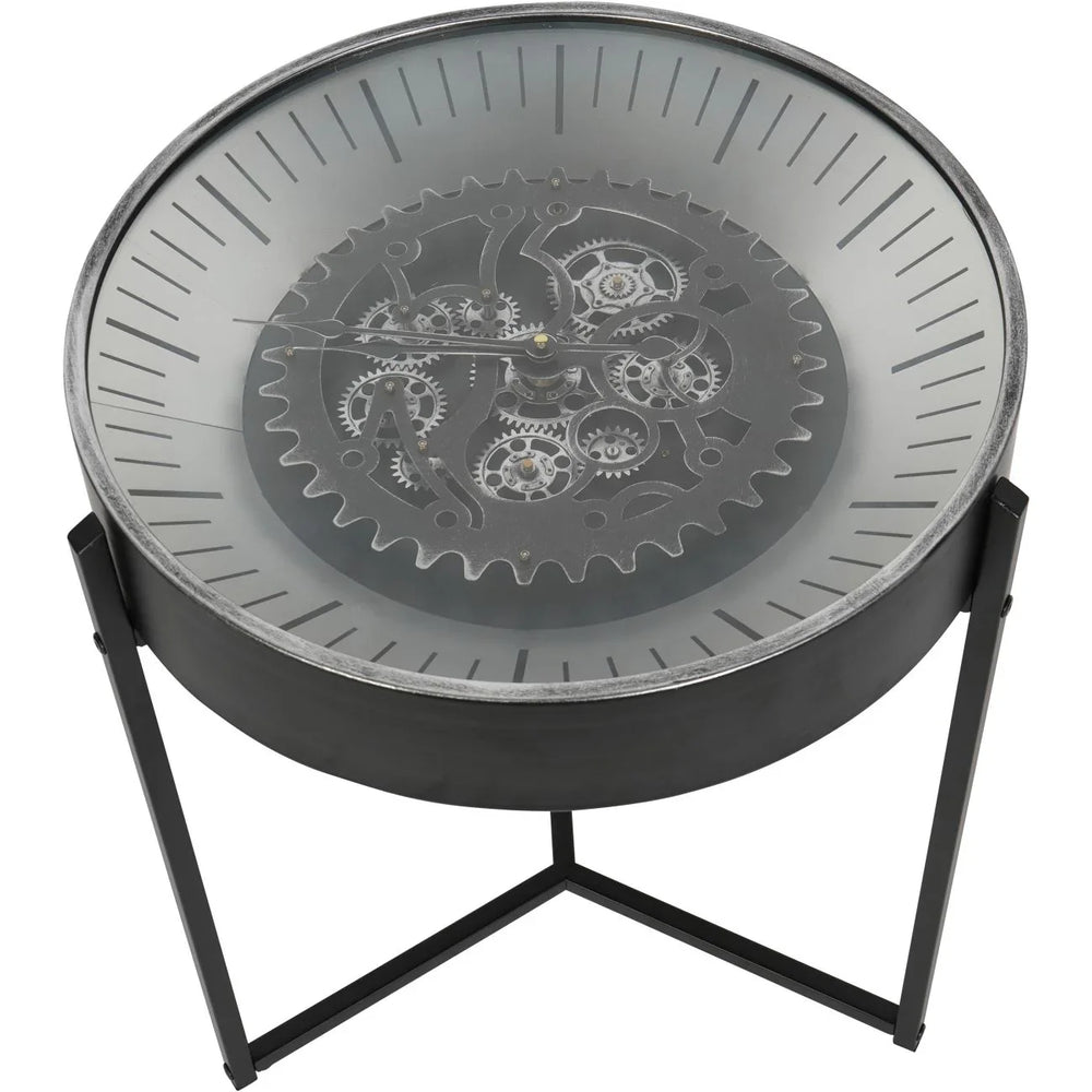 Black nickel side table clock with visible moving cogs and minimalist stand.