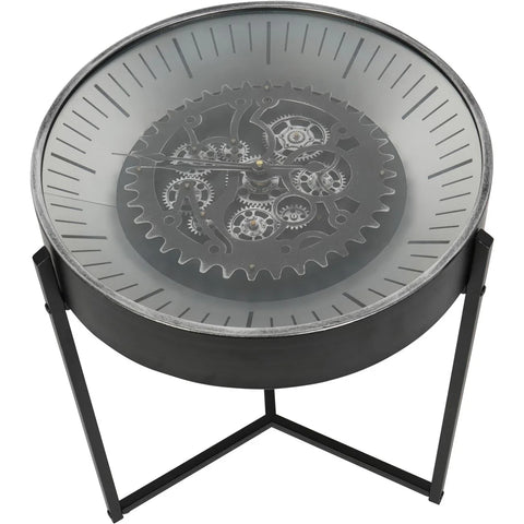 Black nickel side table clock with visible moving cogs and minimalist stand.