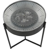 Black nickel side table clock with visible moving cogs and minimalist stand.