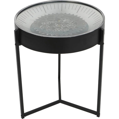 Black nickel side table clock with visible cogs and glass top | Home Centre Direct UK