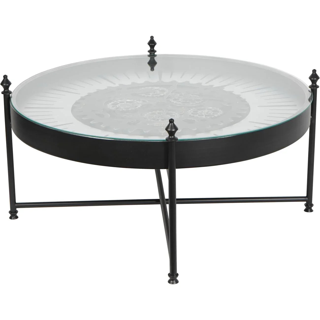 Round glass coffee table with visible cogs and black metal frame.