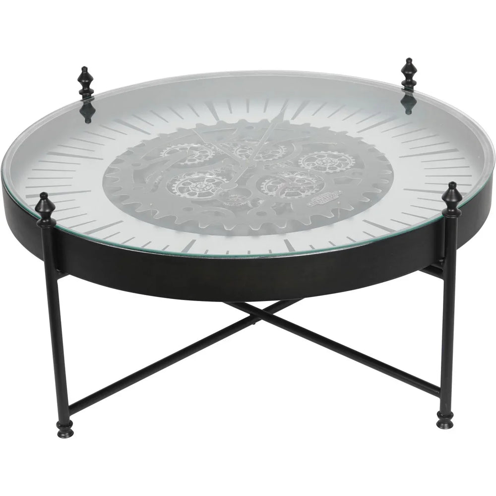 Black metal coffee table with glass top and visible clock gears | Home Centre Direct UK