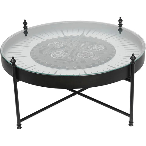 Black metal coffee table with glass top and visible clock gears | Home Centre Direct UK