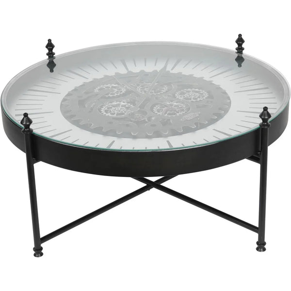 Black metal coffee table with glass top and visible clock gears | Home Centre Direct UK