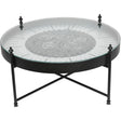 Black metal coffee table with glass top and visible clock gears | Home Centre Direct UK