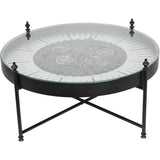 Black metal coffee table with glass top and visible clock gears | Home Centre Direct UK