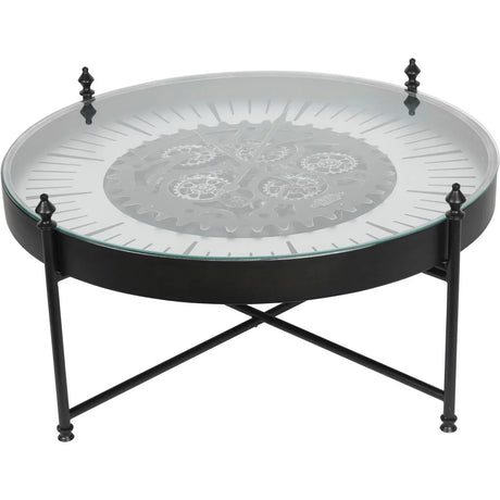 Black metal coffee table with glass top and visible clock gears | Home Centre Direct UK