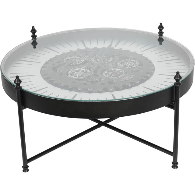 Black metal coffee table with glass top and visible clock gears | Home Centre Direct UK