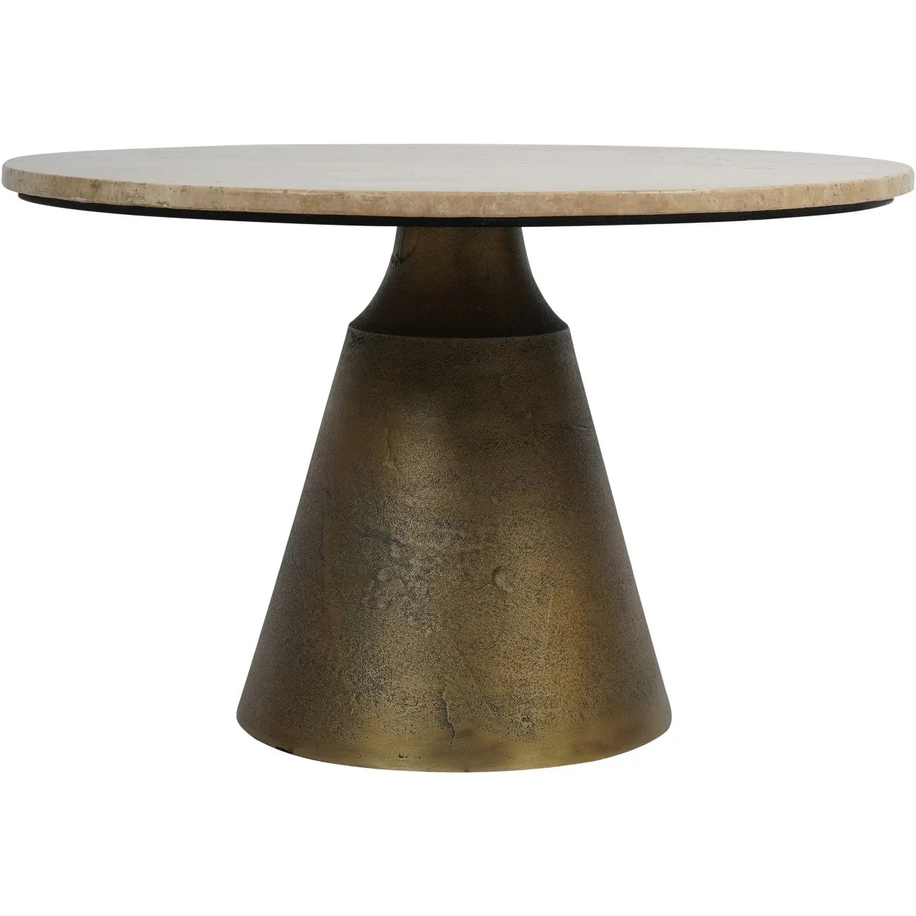 Antique brass coffee table with light travertine top and conical base.