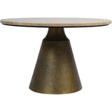 Antique brass coffee table with light travertine top and conical base.