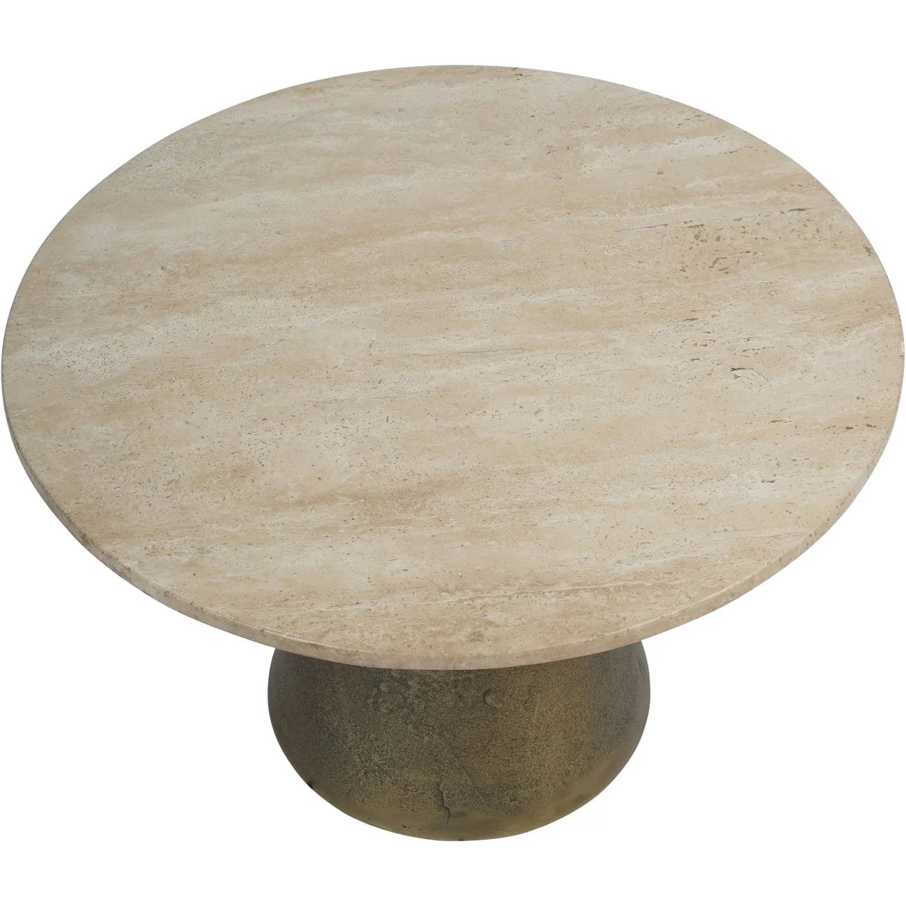 Round light travertine tabletop with antique brass base.