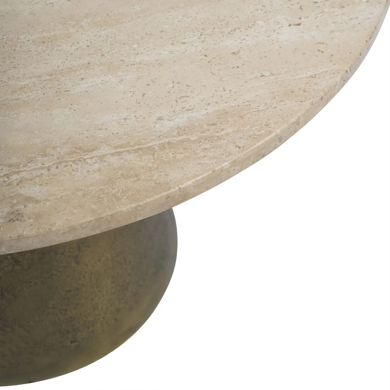 Light travertine tabletop with antique brass base detail.