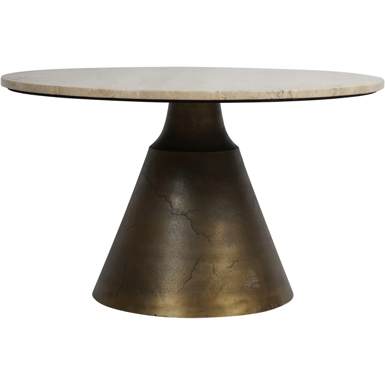 Round travertine tabletop with antique brass cone base.