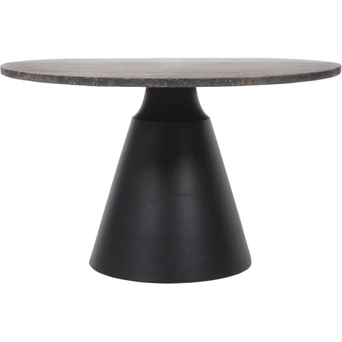 Charcoal black coffee table with conical base and dark travertine top.