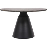 Charcoal black coffee table with conical base and dark travertine top.