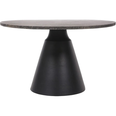 Charcoal black coffee table with conical base and dark travertine top.