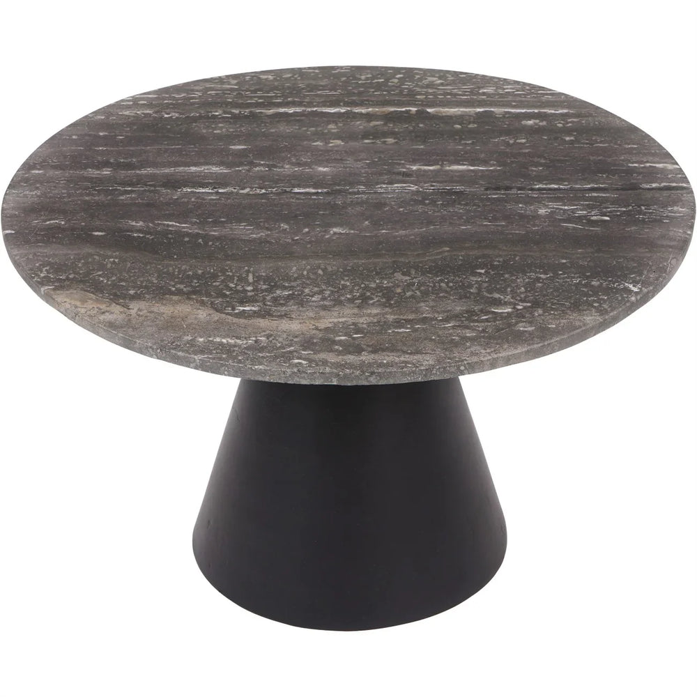 Charcoal round coffee table with dark travertine top and conical base.